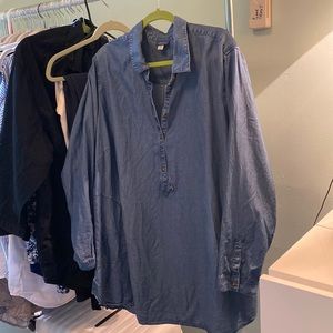 J Jill Denim Tunic Popover Shirt 3X Chambray Long Sleeve Pockets Lightweight
